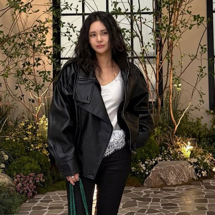 Damen Boxy-Lederimitat-Blouson mit strukturierter Narbung, doppelreihiger Knopfleiste & elastischem Saum Shop Nory