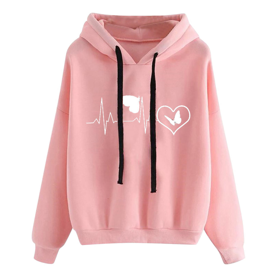 Damen nan leichter Oversize Kapuzenpullover mit Herz‑EKG‑Motiv, langen Kordeln und elastischem Bund Shop Nory