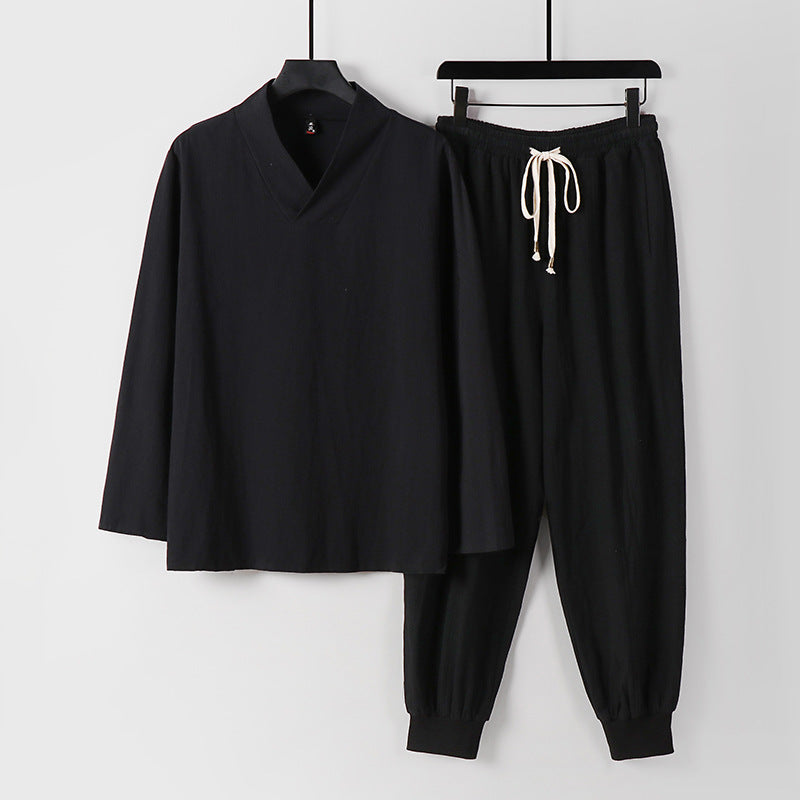 Herren Leichtes Kimono-Loungewear-Set aus Baumwollmix mit V‑Ausschnitt und elastischer Bündchenhose Shop Nory