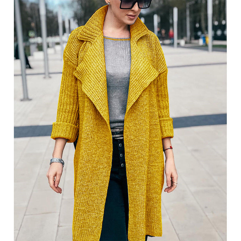 Damen Langer Offener Strickmantel mit Schalkragen und Umschlagärmeln Shop Nory