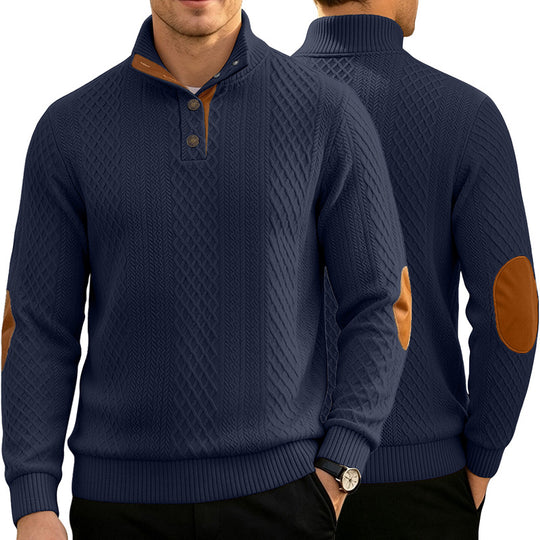 Herren Kabelstrick Troyer Pullover mit Stehkragen und Lederoptik-Ellbogen-Patches Shop Nory