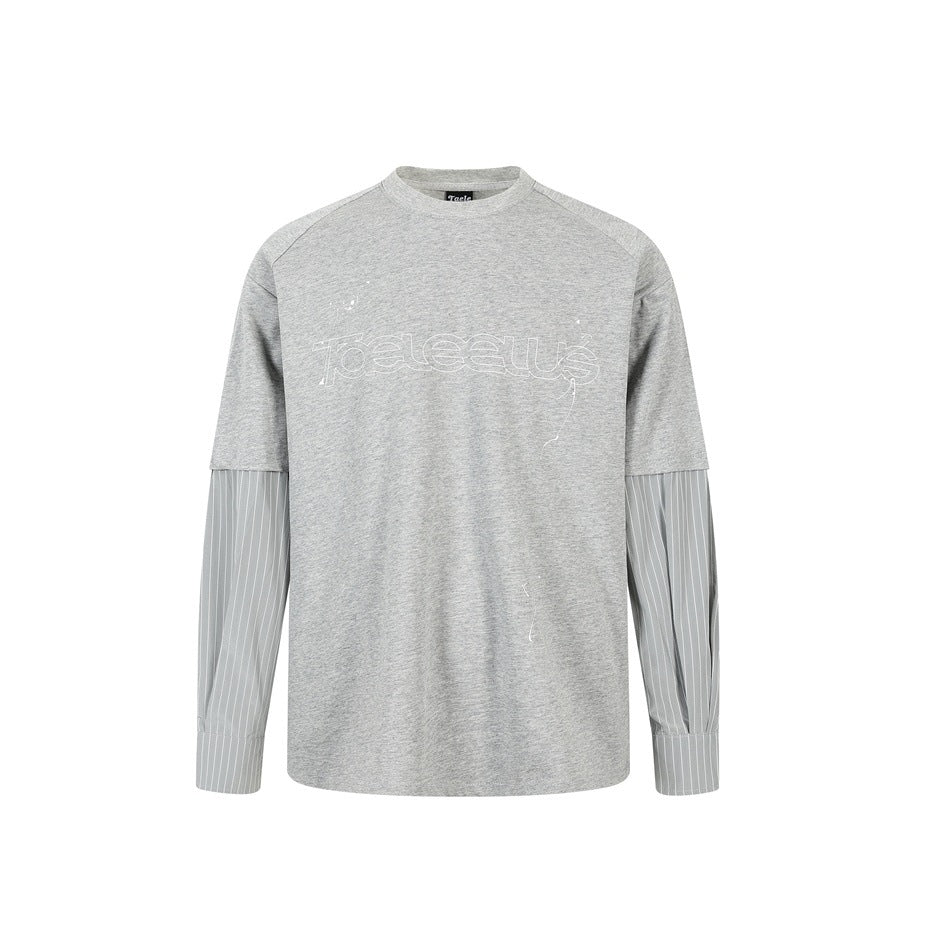 Unisex Lagen-Langarmshirt mit Halbarm-Overlay, gestreiften Einsatzärmeln und Ton-in-Ton-Logo Shop Nory