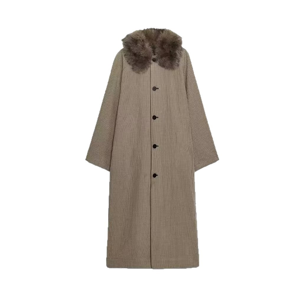 Damen Langer Glencheck-Mantel mit voluminösem Faux-Fur-Kragen und geradem Schnitt Shop Nory
