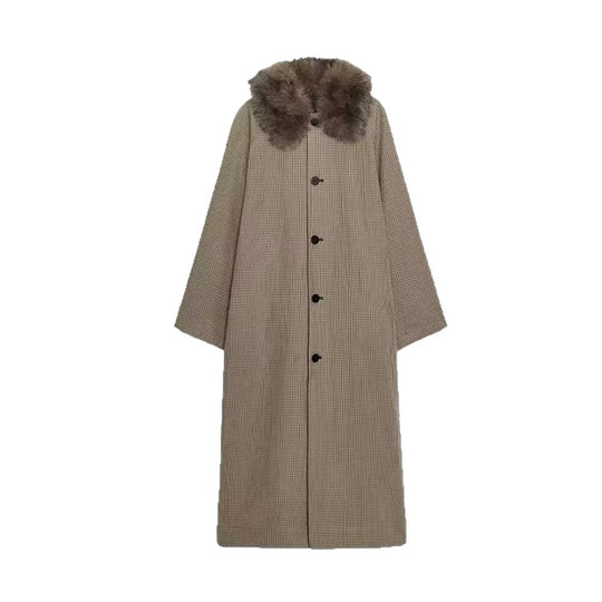 Damen Langer Glencheck-Mantel mit voluminösem Faux-Fur-Kragen und geradem Schnitt Shop Nory