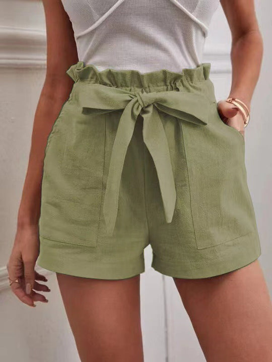 Damen Leichte Shorts mit dekorativem Bindegürtel und elastischem Bund Shopnory