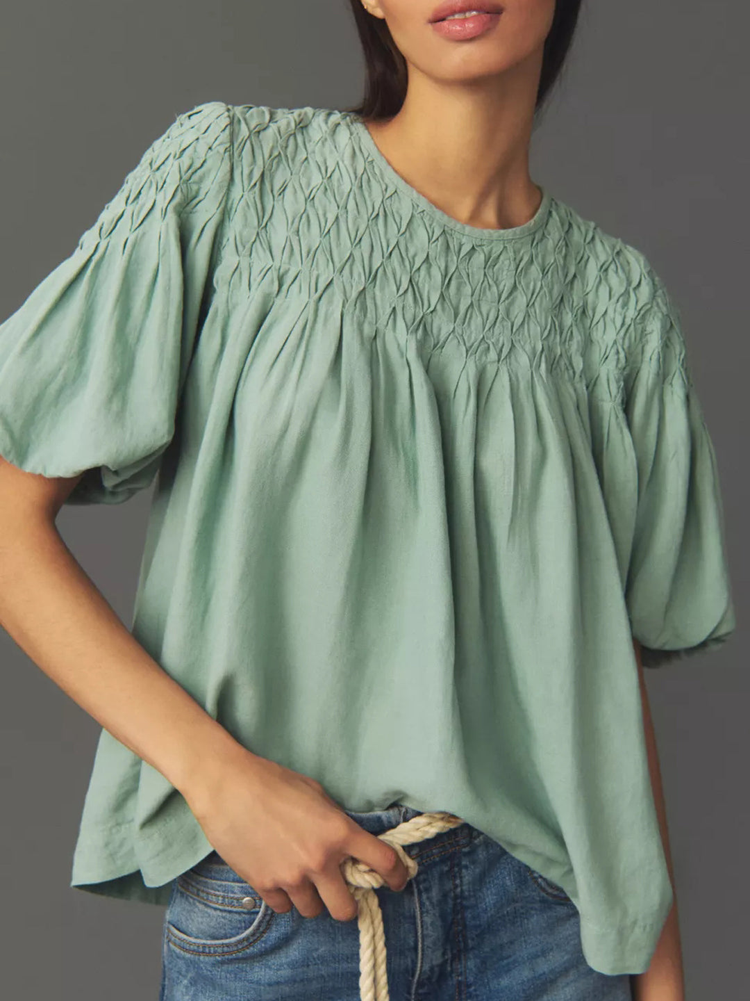 Damen Leichte Bluse mit Smock-Oberteil und Ballonärmeln Shop Nory