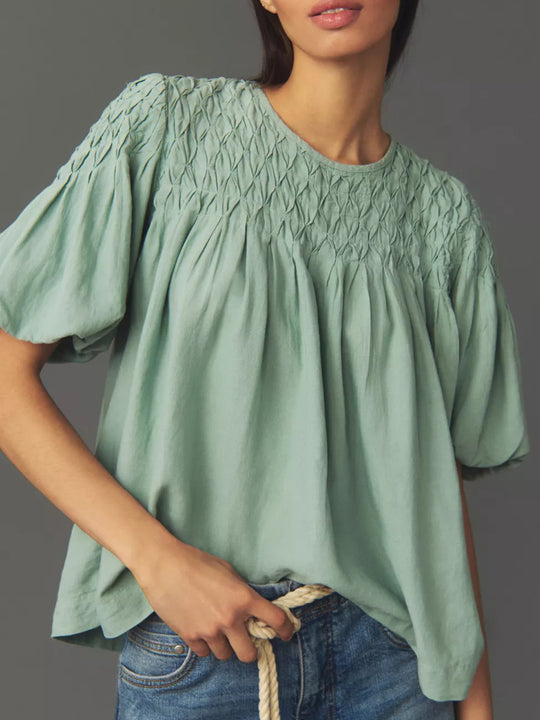 Damen Leichte Bluse mit Smock-Oberteil und Ballonärmeln Shop Nory