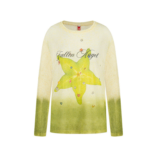 Damen Langarmshirt aus weichem Feinstrick mit Dip-Dye‑Gradient und Sternblüten‑Print Shop Nory