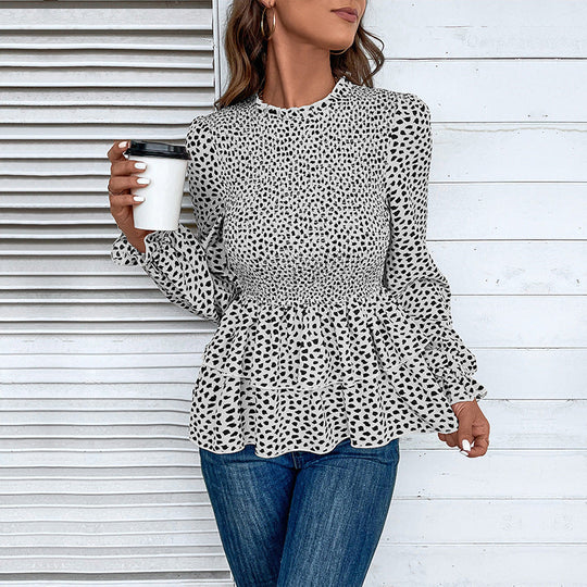Damen Gesmokte Volant-Bluse mit Rüschen-Taille und langen Ärmeln Shop Nory
