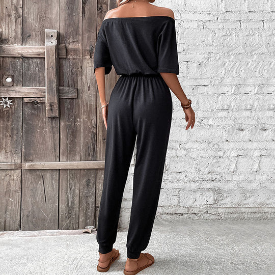 Damen Schulterfreier Lässiger Overall mit Tunnelzugbund und langen Hosenbeinen Shop Nory