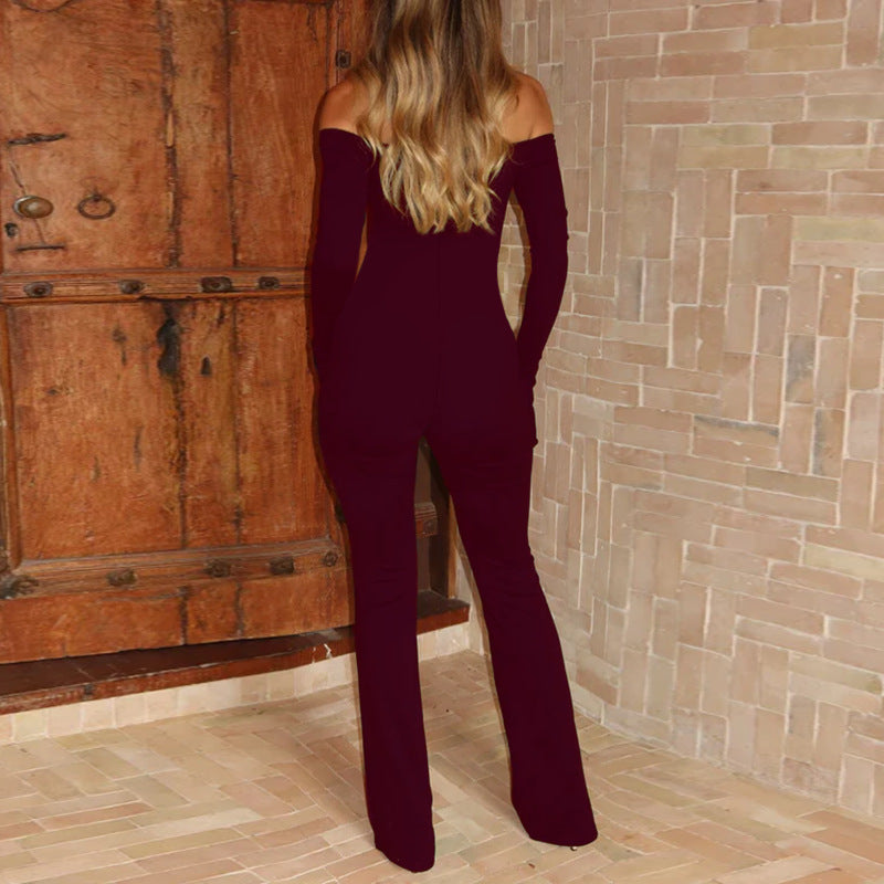 Damen schulterfreier figurnahe Jumpsuit mit Schnür-Bustier, Hüftraffung und Schlaghose Shop Nory