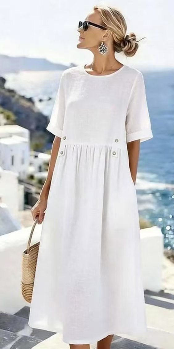 Damen Langes Leinenoptik-Sommerkleid mit geraffter Taillenpartie und Eingrifftaschen Shop Nory