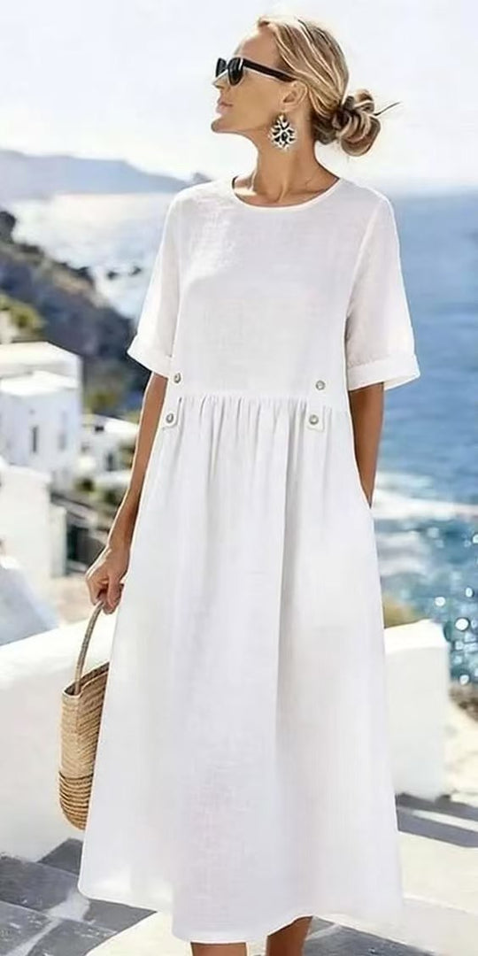 Damen Langes Leinenoptik-Sommerkleid mit geraffter Taillenpartie und Eingrifftaschen Shop Nory