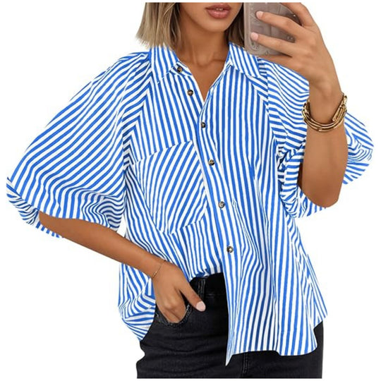 Damen Oversize Hemdbluse mit Ballonärmeln und vertikalem Streifenmuster Shop Nory