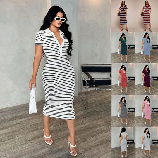 Damen Figurbetontes Polokleid im Streifen‑Look aus Rippstrick mit kurzem Ärmel Shop Nory