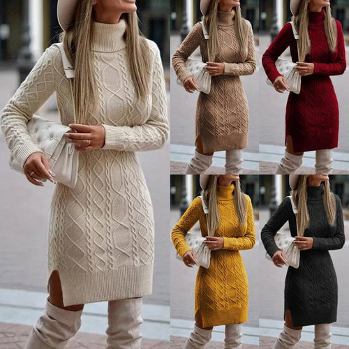 Damen nan figurbetontes Strickkleid mit Rollkragen, Zopfmuster, seitlichem Schlitz und geripptem Saum Shop Nory
