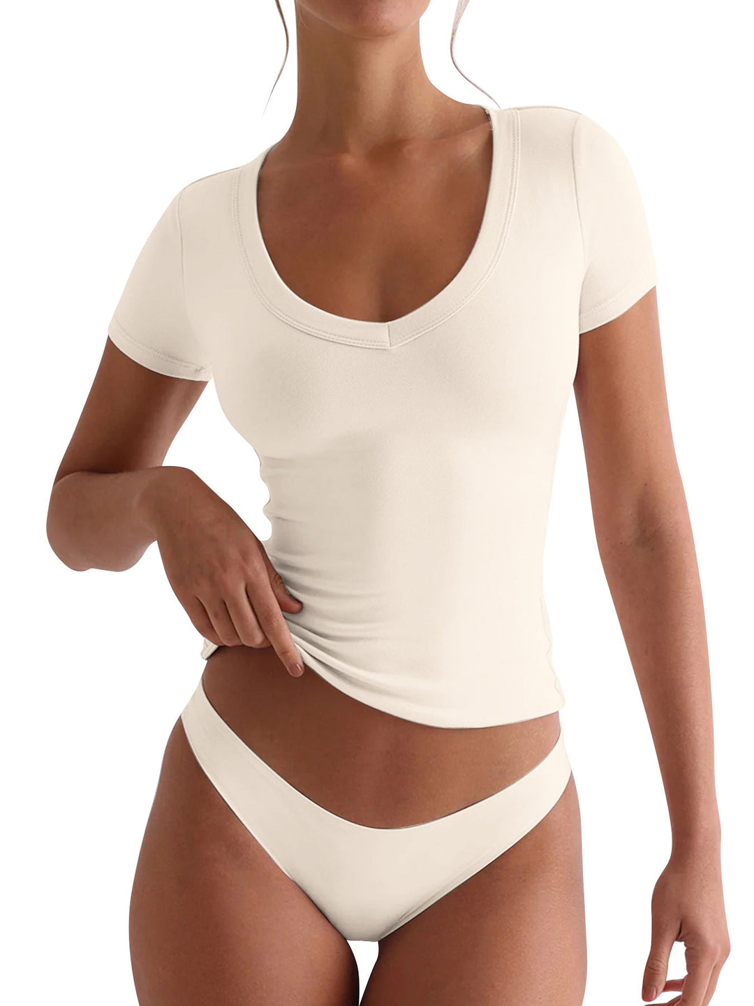 Damen figurbetontes V-Neck T-Shirt mit kurzen Ärmeln