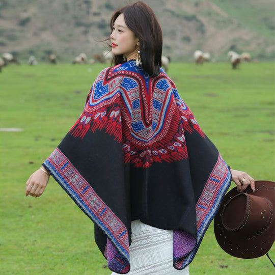 Damen Oversize-Poncho im Ethno-Jacquard mit V-Ausschnitt und strukturiertem Saum Shop Nory