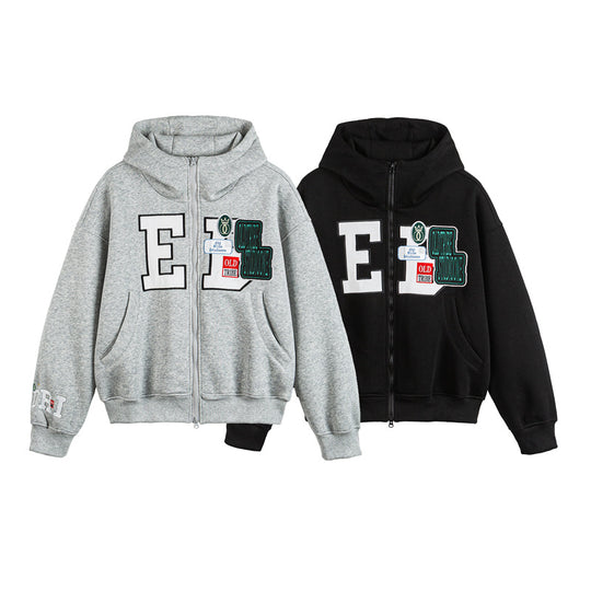 Unisex Oversize Kapuzenzipjacke mit Collegiate‑Patches Shop Nory