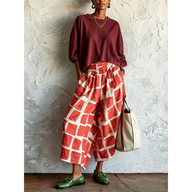 Damen Gemusterte Culotte-Palazzohose mit weitem Bein, elastischem Bund und Eingrifftaschen Shop Nory