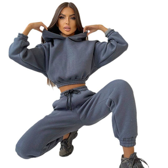 Damen cropped Stehkragen-Sweatset mit elastischem Taillenbund und hochtaillierter Tapered-Jogginghose Shop Nory