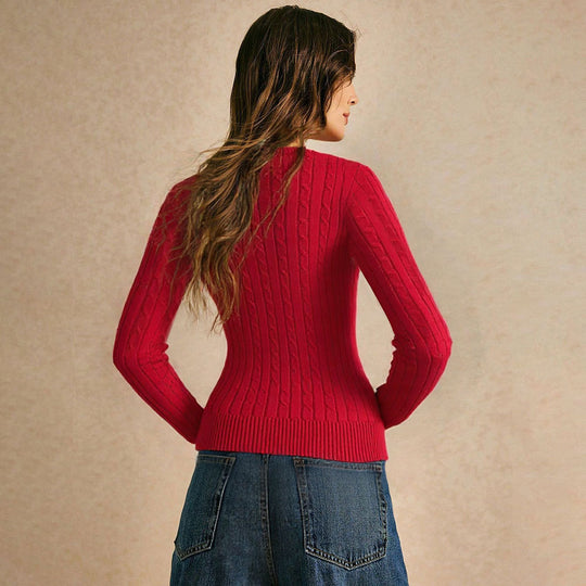 Damen figurbetonter Zopfmuster‑Pullover mit V‑Ausschnitt und taillierender Rippstruktur Shop Nory