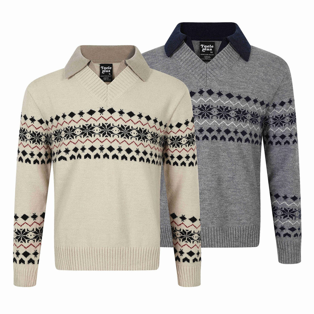 Herren Norweger-Strickpullover mit V‑Ausschnitt und kontrastierendem Hemdkragen Shop Nory