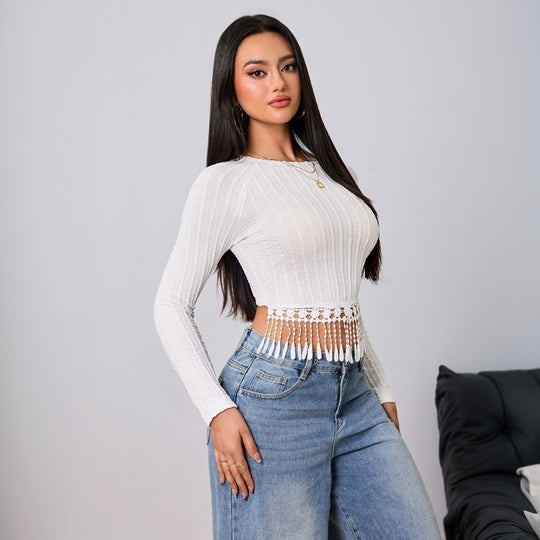 Damen gehäkeltes Crop-Longsleeve mit Fransen-Bordüre und Rippstruktur Shop Nory