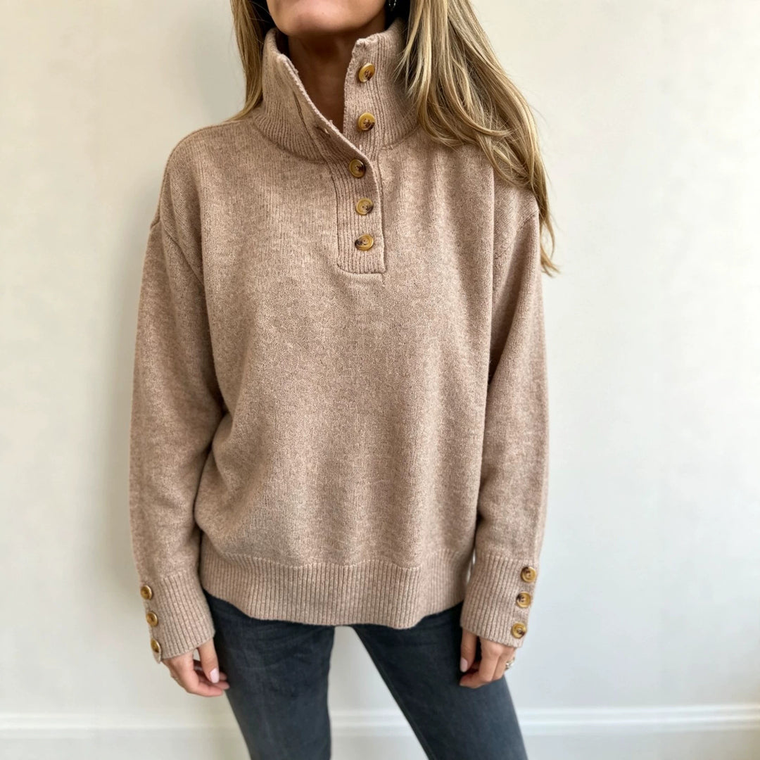 Damen Strickpullover mit hohem Knopfkragen, dekorativer Frontleiste und Zierknöpfen Shop Nory