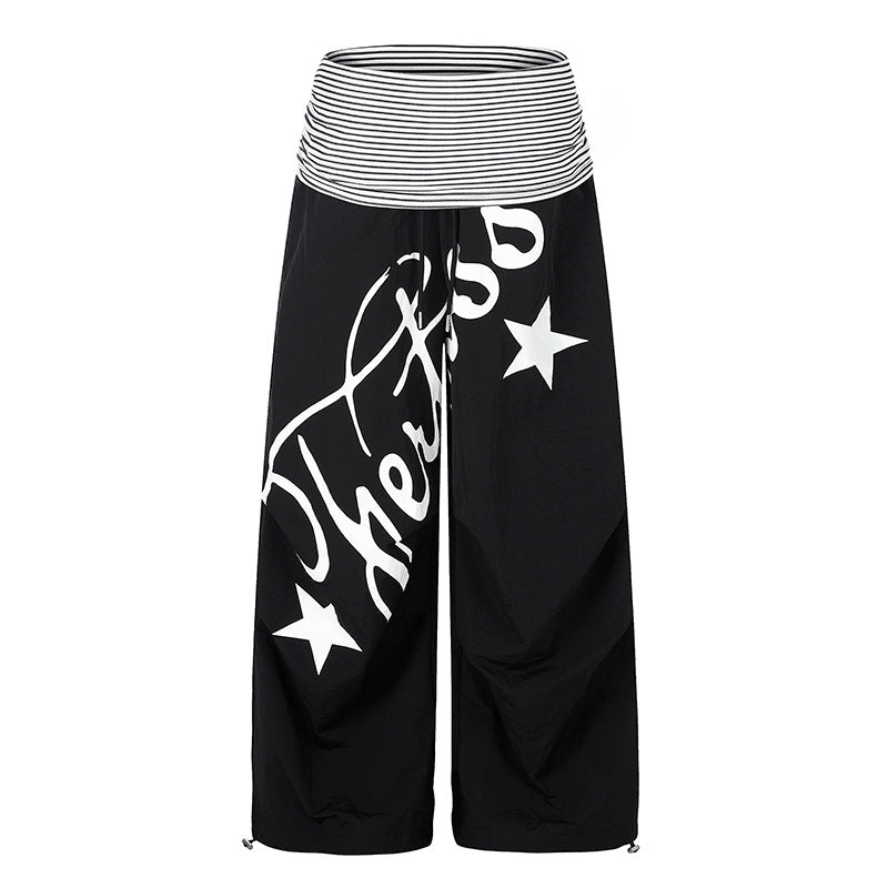 Damen Weite Palazzo-Hose mit hohem, gestreiftem Komfortbund und Statement-Print Shop Nory