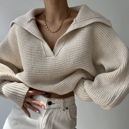 Damen kurzes geripptes Strickpullover mit weitem Matrosenkragen und Ballonärmeln Shop Nory