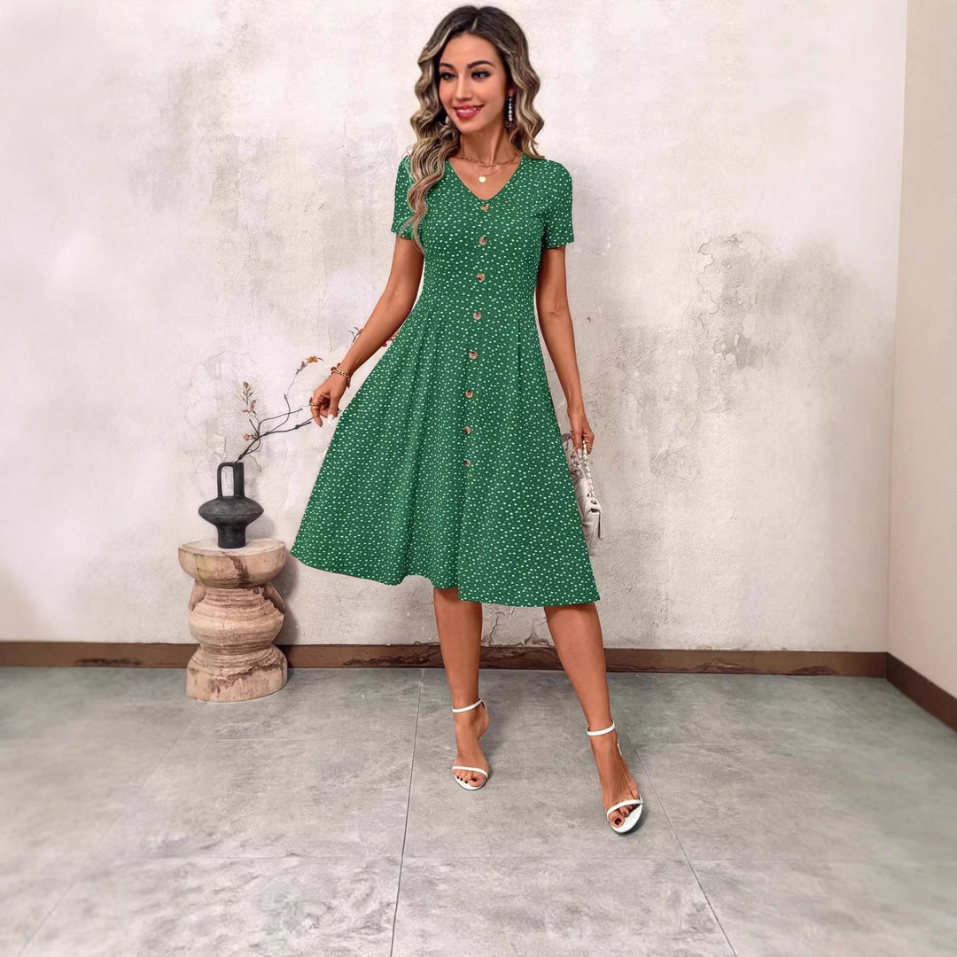 Damen Knielanges Kleid mit V-Ausschnitt und Knopfdetails