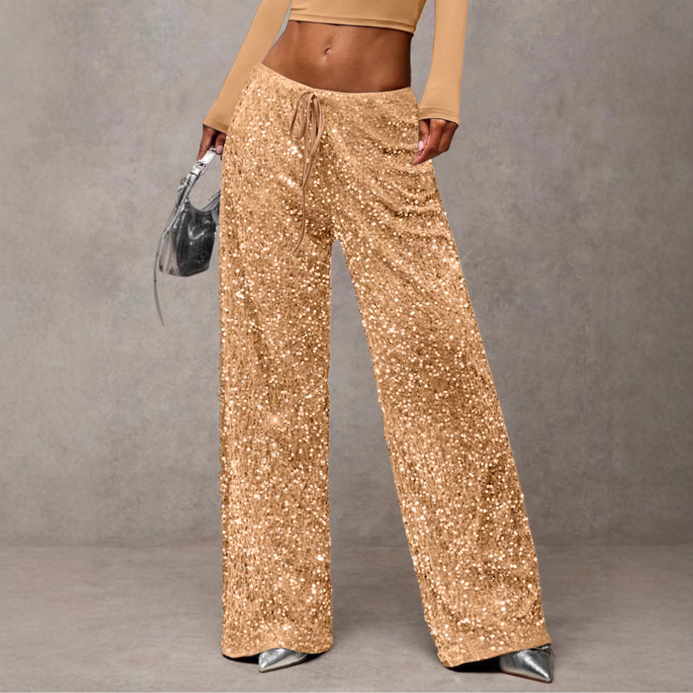 Damen Pailletten-Palazzohose mit hohem Bund und Kordelzug Shop Nory
