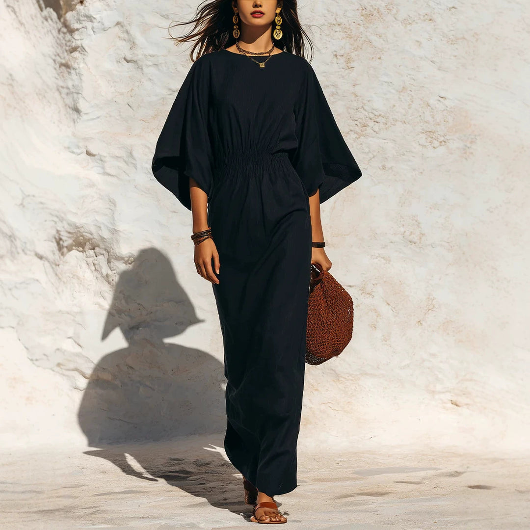 Damen Maxikleid mit Fledermausärmeln und geraffter Smock-Taillierung Shop Nory