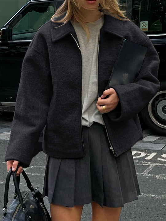Damen nan kaschmirähnliche Wolljacke mit durchgehendem Reißverschluss, oversized Schnitt und Hemdkragen Shop Nory