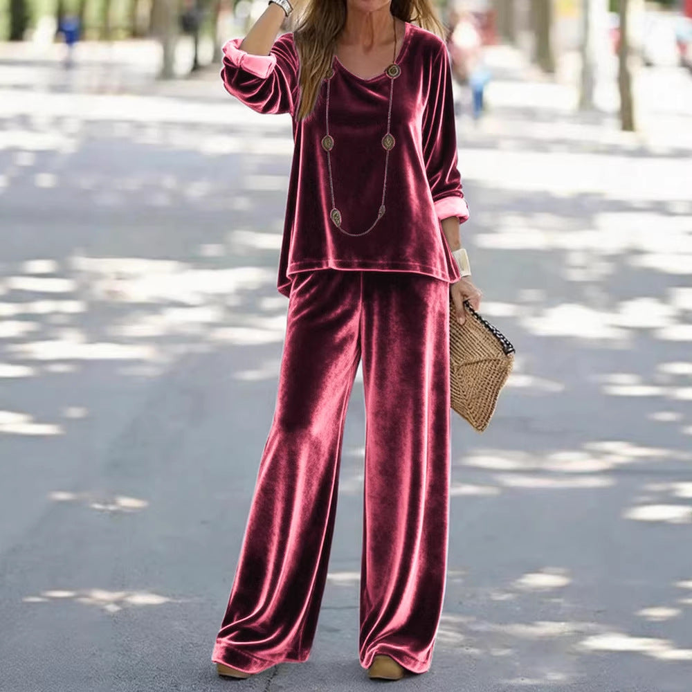 Damen Elegantes Samt-Zweiteiler Lounge-Set mit V-Ausschnitt und weitem Bein Shop Nory