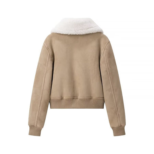 Damen Bomberjacke aus Veloursimitat mit Teddyfutter und großem Schalkragen Shop Nory