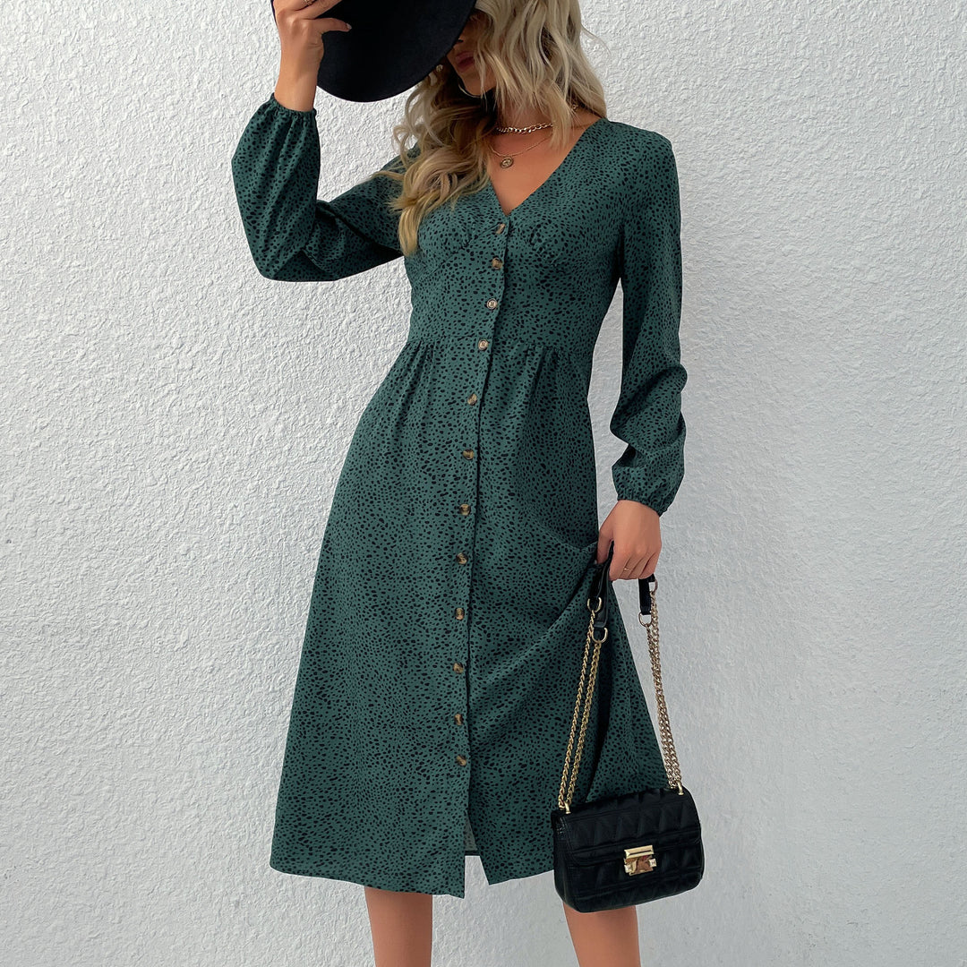 Damen V‑Ausschnitt Midikleid mit Knopfleiste, taillierter Schnitt und Ballonärmeln Shop Nory
