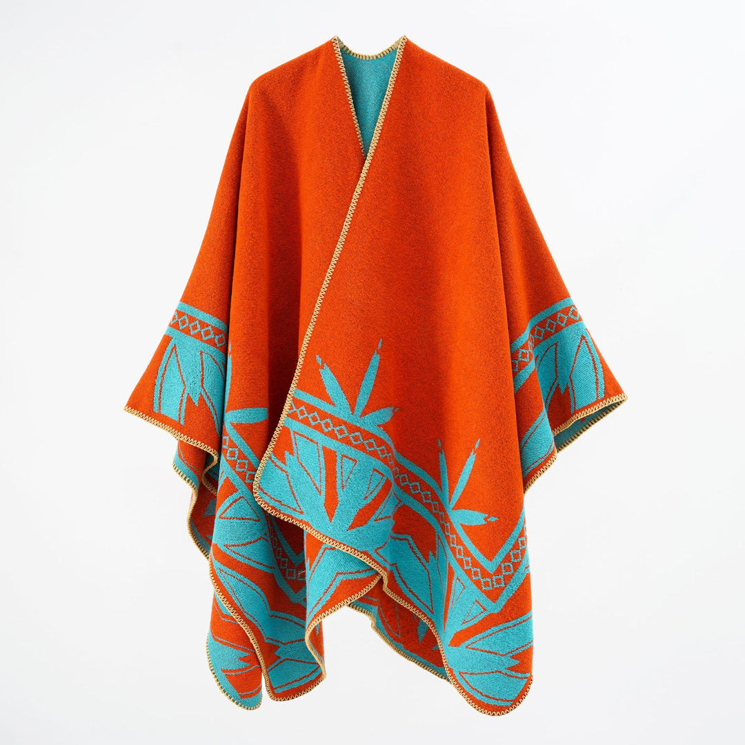 Damen Grobgewebter Umhangponcho aus Wollmix mit V-Ausschnitt und Ornamentjacquard Shop Nory