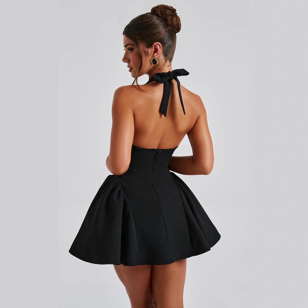 Damen Kurzkleid mit tiefem V-Ausschnitt und voluminösem Rock