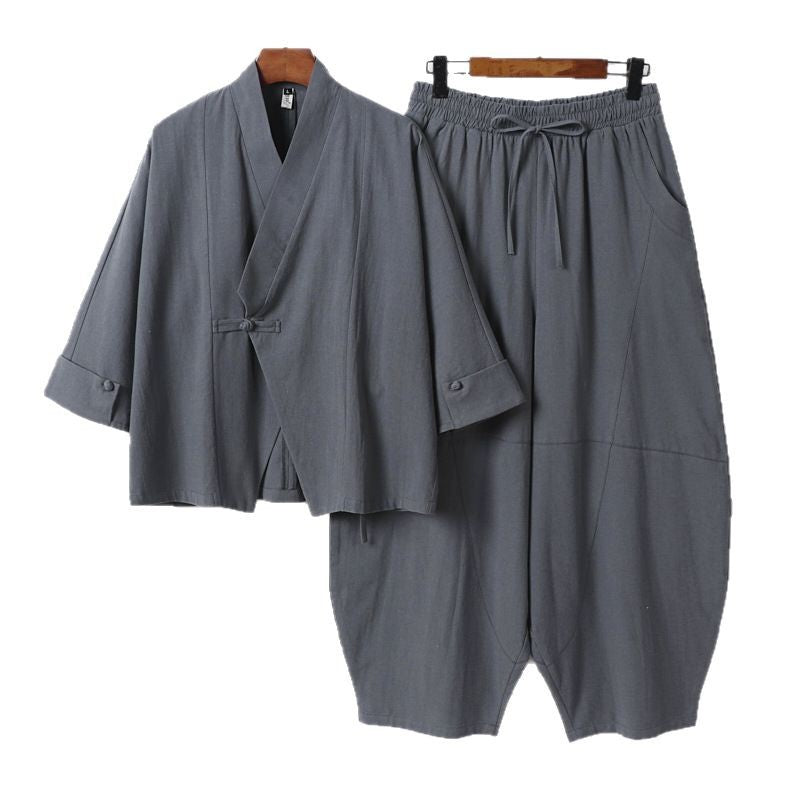 Herren Minimalistisches Kimono-Lounge-Set aus atmungsaktivem Baumwollmix mit ballonförmiger Bundhose Shop Nory