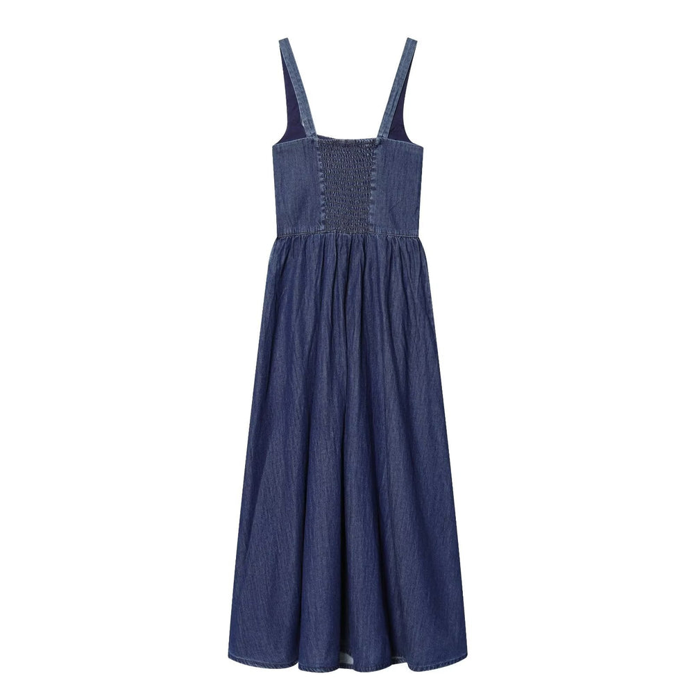 Damen Denim Maxikleid mit schwingendem Rock und verstellbaren Trägern