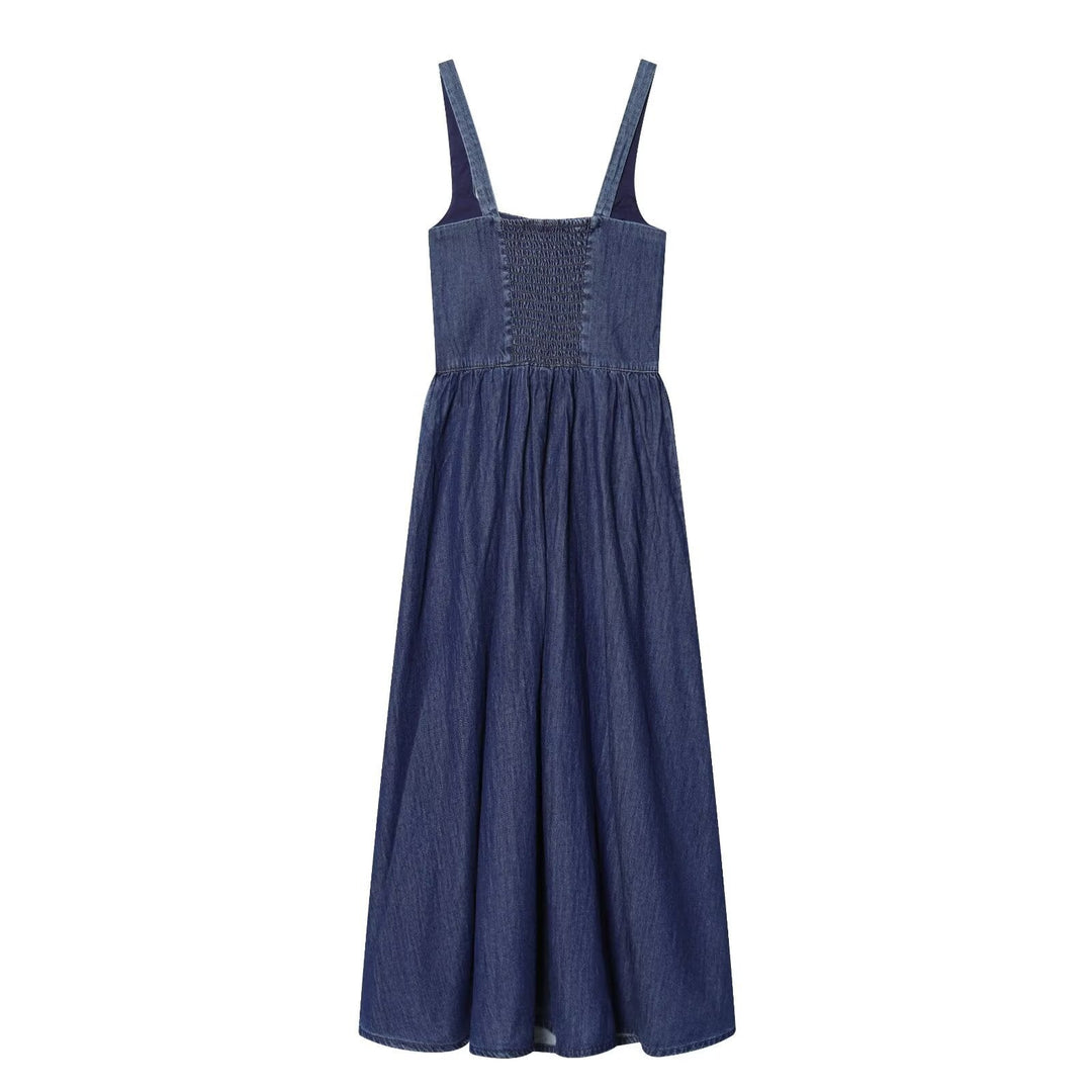 Damen Denim Maxikleid mit schwingendem Rock und verstellbaren Trägern