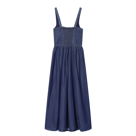 Damen Denim Maxikleid mit schwingendem Rock und verstellbaren Trägern