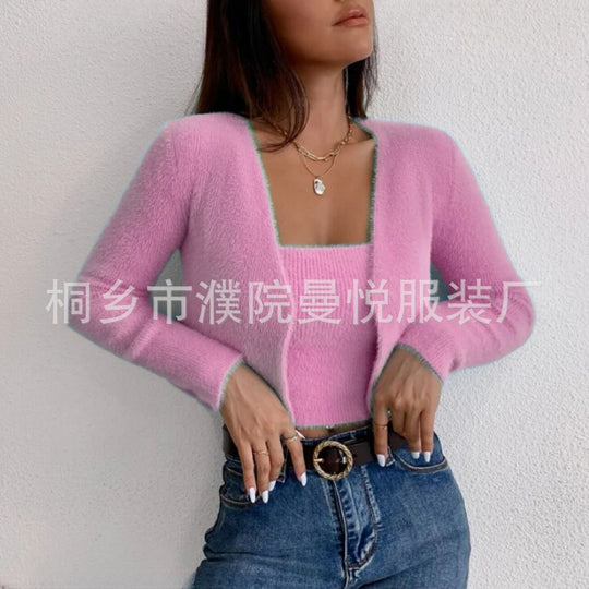 Damen Zweiteiler Cropped Spaghettiträger-Top mit Kurzcardigan aus weichem Feinstrick Shop Nory