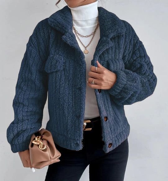 Damen nan kuschelige Teddyjacke mit Hemdkragen, Druckknopfverschluss und aufgesetzten Brusttaschen Shop Nory