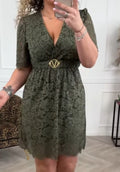 Damen nan knielanges Spitzenkleid mit V-Ausschnitt, geformtem Bustier und dekorativem Taillengürtel Shopnory