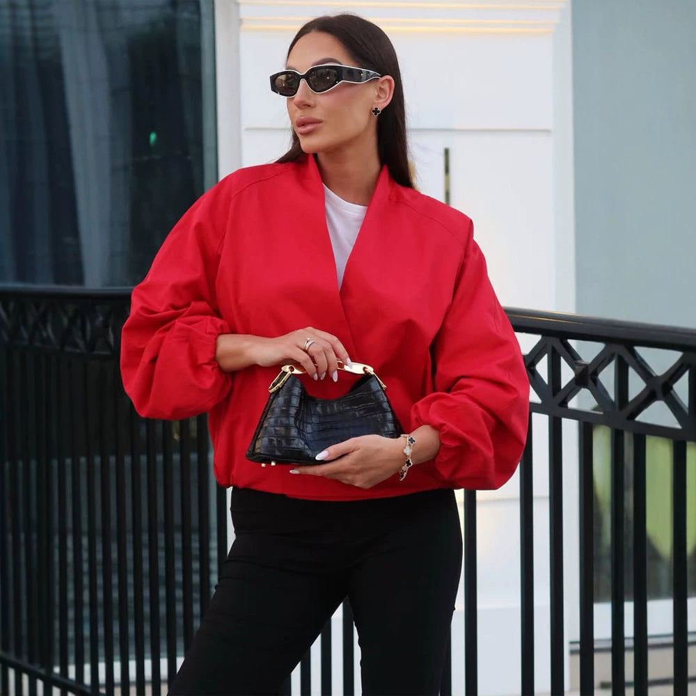 Damen kurz geschnittene Oversize-Wickeljacke mit Ballonärmeln Shop Nory