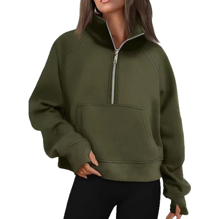 Damen nan kurzer Halfzip-Sweater mit hohem Stehkragen, Kängurutasche und verlängerten Daumenlöchern Shop Nory