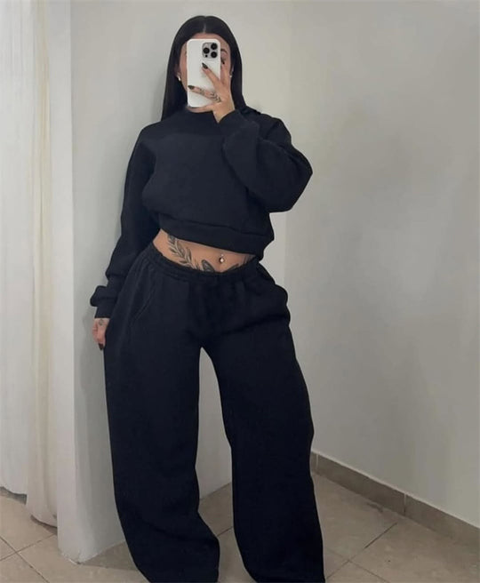 Damen Cropped-Sweatshirt mit hohem Rundhalsausschnitt und elastischer Tunnelzug Wide-Leg Jogginghose Set Shop Nory